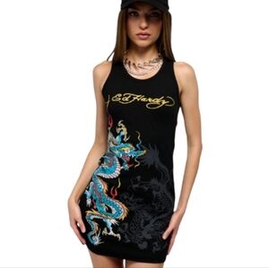 Ed Hardy Dragon Rib Tank Dress Black Ribbed Cotton Graphics Stretch Bodycon NWT